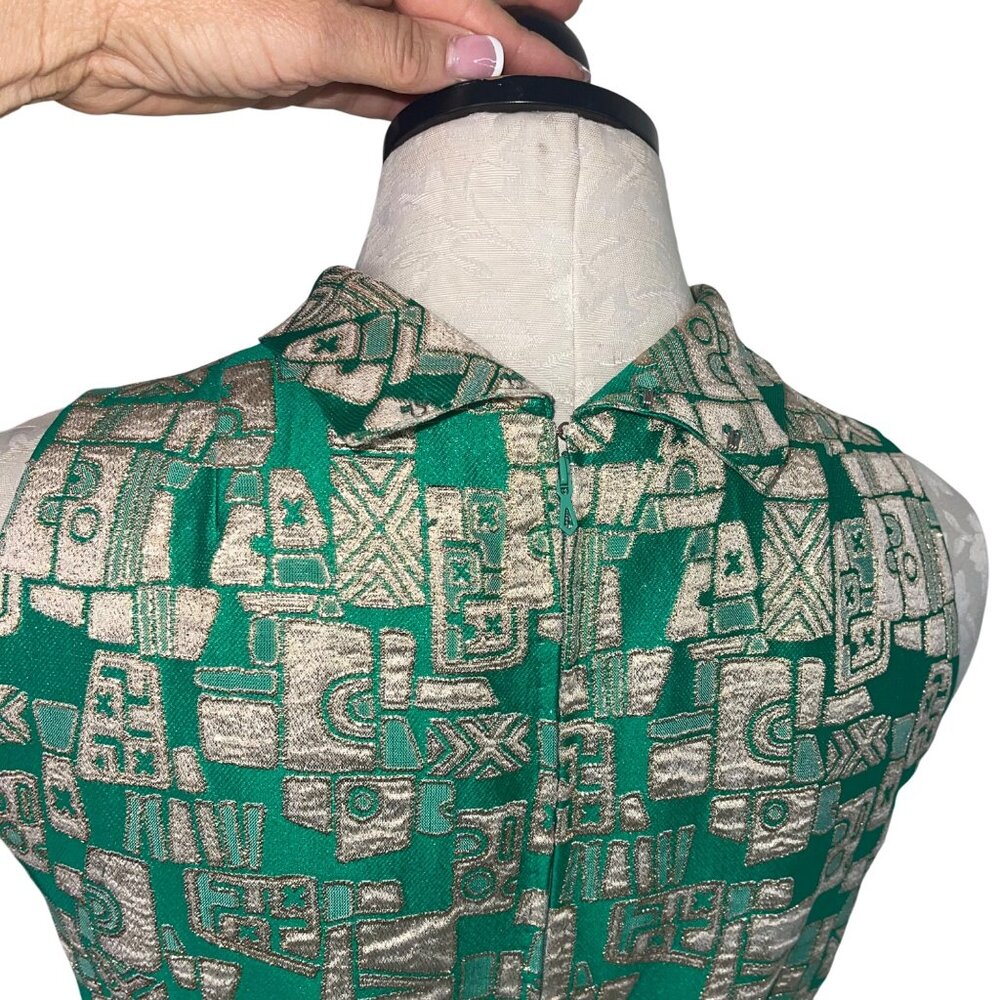 Vintage Womens Dress Size Small Green Geometric Print Maxi Casual Pleated - Picture 9 of 16
